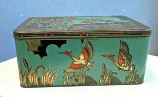 Vintage 1920s Large Art Nouveau Deco Bird Flamingo Tin Box With Key Vintage Box