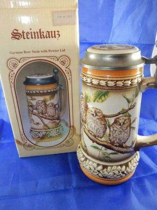 Gerz Beer Stein Steinkauz Made In Germany Owls Pewter Lid Box