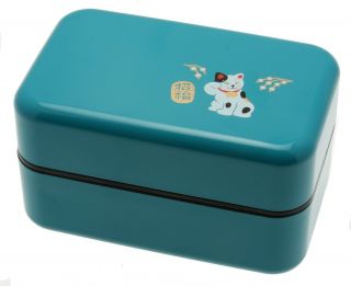 Kotobuki 2 - Tiered Bento Box,  Maneki Neko Lucky Cat,  Teal