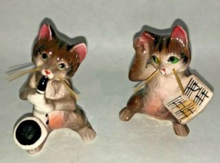 2 Vtg Fine A Quality Japan Cat Figurine Playing Sax Reading Music Nylon Whiskers