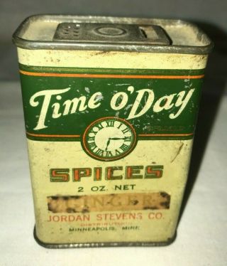 ANTIQUE TIME O ' DAY GINGER SPICE TIN LITHO CAN MINNEAPOLIS MN GROCERY STORE OLD 3