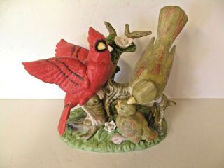 Three Porcelain Cardinal Red Bird Figurine Male,  Female & Baby Bird