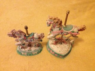 Set Of 2 Vintage Carousel Horse Figure Pink Rose Green Accent 5 " And 7 "
