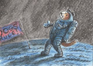 Welsh Corgi Dog Orig Aceo Mini Painting Susan Alison Moon Landing Walk Astronaut