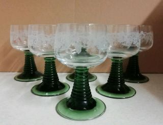 6x Retro Luminarc Green Beehive Stem Wine Glasses With " Grape/vine " Design 20cl