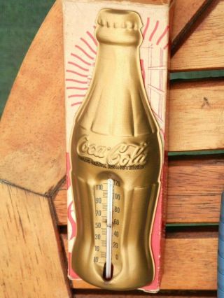 Vintage Nos 1950`s Gold Coca - Cola Bottle Advertising Tin Thermometer 7 "
