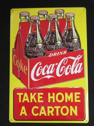 Embossed Tin Coca - Cola " Take Home Carton " Sign -