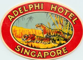 Adelphi Hotel Singapore Vibrant Tigers In The Jungle Luggage Label,  C.  1940