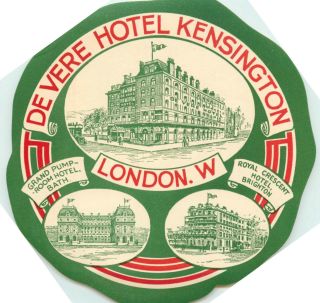 De Vere Hotel Kensington London Early Luggage Label,  Circa 1920