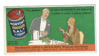 Advertising Blotter Morton,  S Iodized Salt Lewis Rice & Sons Store Frederick,  Md