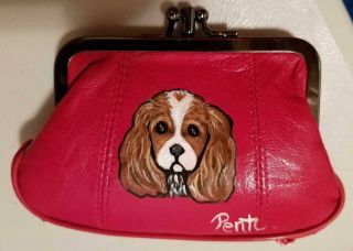 Red Leather Coin Purse - Hand Painted Cavalier King Charles Spaniel