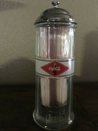 Vintage Coca - Cola Glass Straw Holder Dispenser.  Made In The Usa