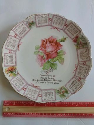 1909 Advertising Calendar Gift Plate,  Columbus Grove,  Oh,  Roses&gold Trim,  8.  25 "
