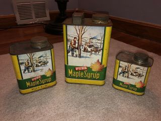 Vintage 3 - Piece Pure Maple Syrup Tin Litho Can Set Featuring Farm / Horse