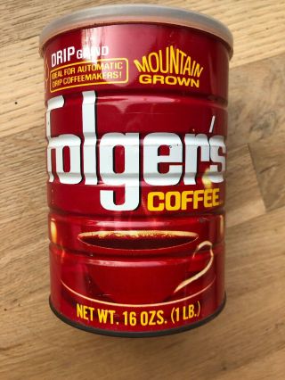 Vintage Folgers Coffee Can Drip Grind 1 Lb Tin Mountain Grown 16 Oz.