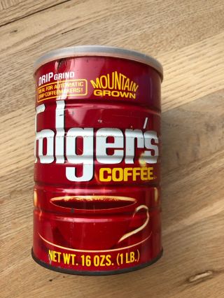 VINTAGE FOLGERS COFFEE CAN DRIP GRIND 1 LB TIN MOUNTAIN GROWN 16 oz. 2