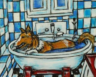 Sheltie Shetland Sheepdog Taking A Bath Bathroom Art Dog Print 8x10