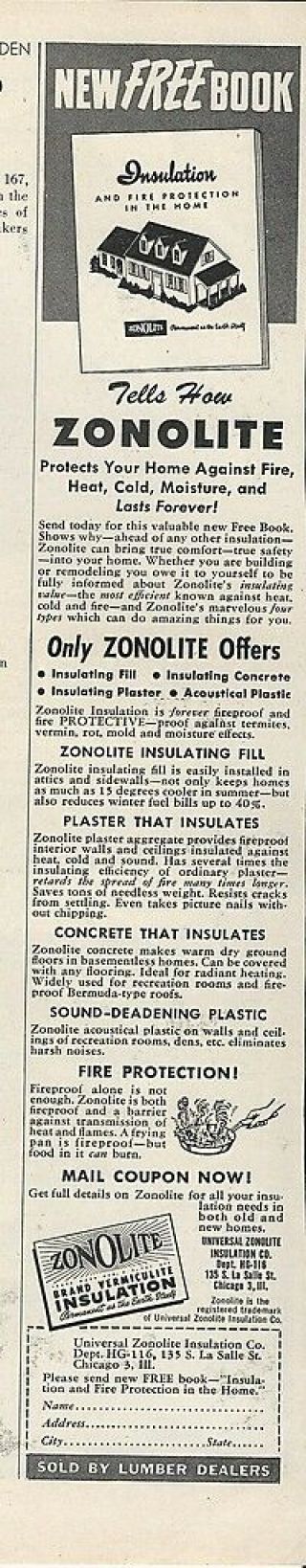 1946 Zonolite Insulation & Fire Protection Book Offer Asbestos History Vtg Ad
