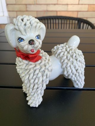 Vintage Ceramic Spaghetti Poodle Dog Figurine White With Red Ribbon Italy