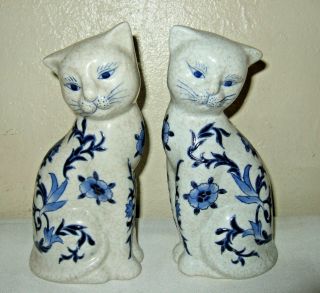 2 Chinese White Ceramic Cat Statues W/blue Floral & Crackle Designs