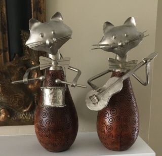 Metal And Wood Cool Cats Sculpture,  Figurine,  Statue.  Drummer And Guitar Player