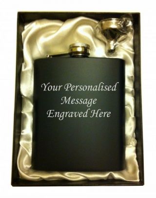 Engraved Steel Hip Flask Black 7oz In Gift Box With White Liner,  Funnel