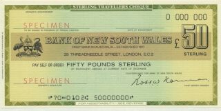 Australia: 1971 Bank Of Nsw Rare £gb50 & $us50 " Specimen " Travellers Cheques