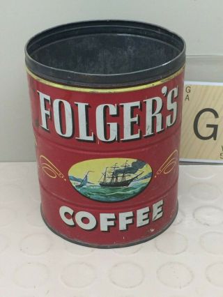 Vintage Folgers Coffee Tin Can Ships Lid Mountain Grown Key Wind