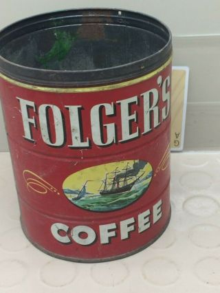 Vintage FOLGERS COFFEE Tin CAN Ships Lid Mountain Grown Key wind 4