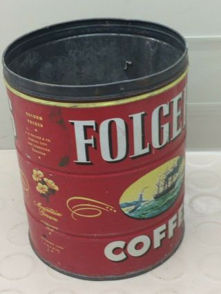 Vintage FOLGERS COFFEE Tin CAN Ships Lid Mountain Grown Key wind 6