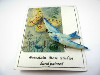 Vintage Collectible Pin: Blue Bird Hand Painted By Porcelain Rose Studios