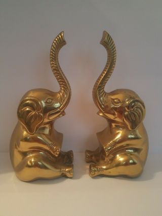 Vtg Set Of 2 Brass Sitting Elephants With Trunks Up Bookends Pair 9.  25 " Tall