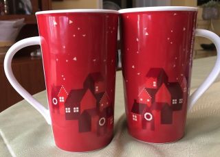 2 Starbucks Holiday Christmas Red Houses Village Coffee Mug 2013 16 Oz Tall