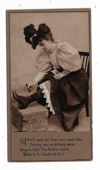 Old Shoe Trade Card Candee Rubbers Haven Ct Woman Button Hook Brown Adams Ny