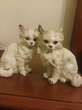 Vintage Pair Lefton White Cats Kittens Blue Eyes Figurine Japan H1514