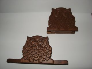 Vintage Carved Wood Owl Napkin Holder Set 3