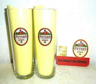 2 Peters Kolsch Monheim Cologne German Beer Glasses & Coasters