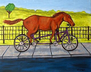 Horse Pony Art Brown Art Print 8.  5x11 Glossy Jschmetz Riding A Bike