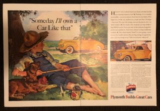 Vintage 1940 Plymouth Convertible Car Print Ad - 2 Page Ad - Art