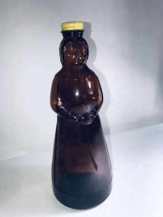 Vintage Mrs.  Butterworth Aunt Jemima Dark Brown Glass Bottle With Metal Cap Euc