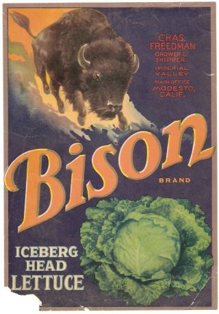 Modesto Imperial Valley Ca Bison Brand Lettuce Crate Label