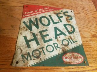 Vintage Wolfs Head Motor Oil Tin Sign Old Gas Station Service Garage Farm Barn