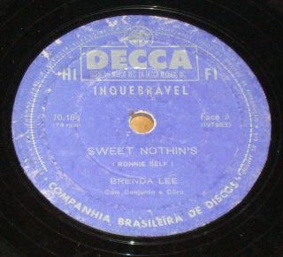 Brenda Lee 1960 “sweet Nothin´s/weep No More My Baby” Rare 10” 78 Rpm Brazil