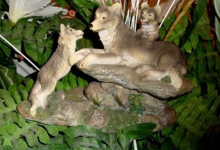 Wolf Pack Mother & 3 Baby Wolves On Grassy Rocks Figurine 9 " X 6 1/2 " Resin
