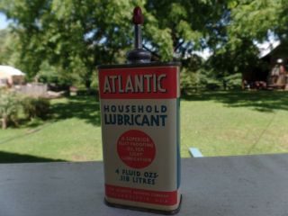 Vintage Atlantic Household Lubricant Handy Oiler Metal Tin Can 4 Fluid Oz