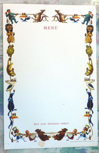 Guinness Large Menu Card 1960s With Tug Of War Gilroy Zoo Animals.