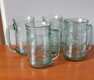 Set Of 4 Vintage Coca - Cola Green Glass Stein Mugs W Handles Coke 16 Ounces
