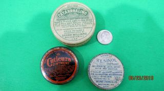 3 Vintage Medicine Sample Tins Cuticura & Resinol Ointment Catarrahlino 1903