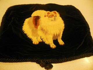 Vintage Pomeranian Dog Needlework Black Velvet Pillow Cover
