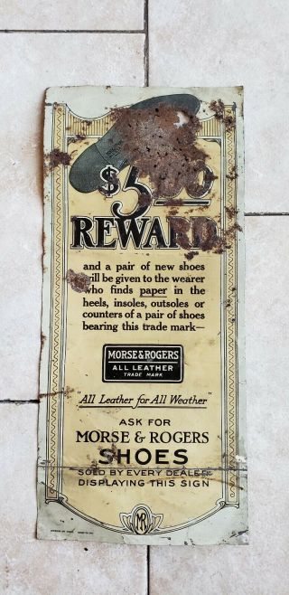 Rare Vintage 1920s - 1930s Morse Rogers Shoes Reward Tin Embossed Sign